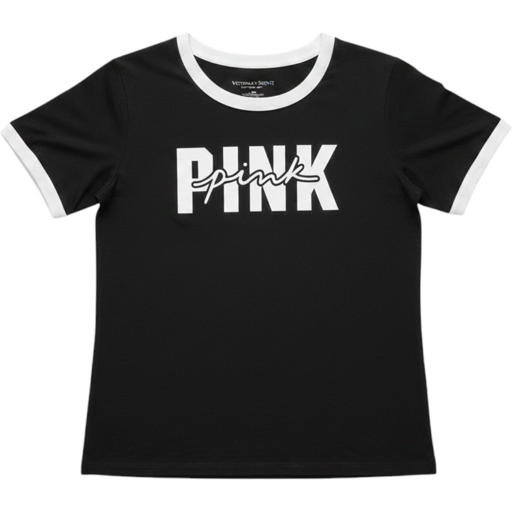 Victorias Secret PINK Womens Ringer T-Shirt Black White Logo Graphic Tee Large